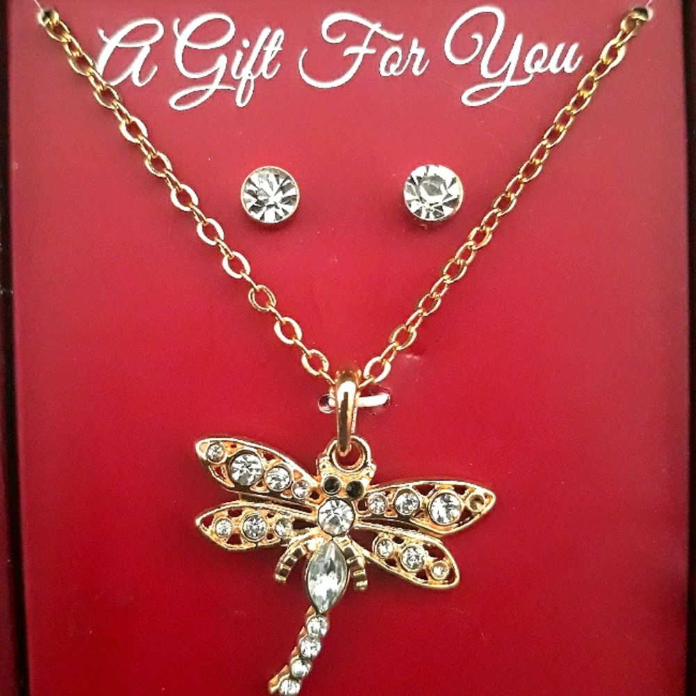 Dragonfly Rhinestone Pendant Necklace + Earrings / Dragonfly Jewelry Gift Set